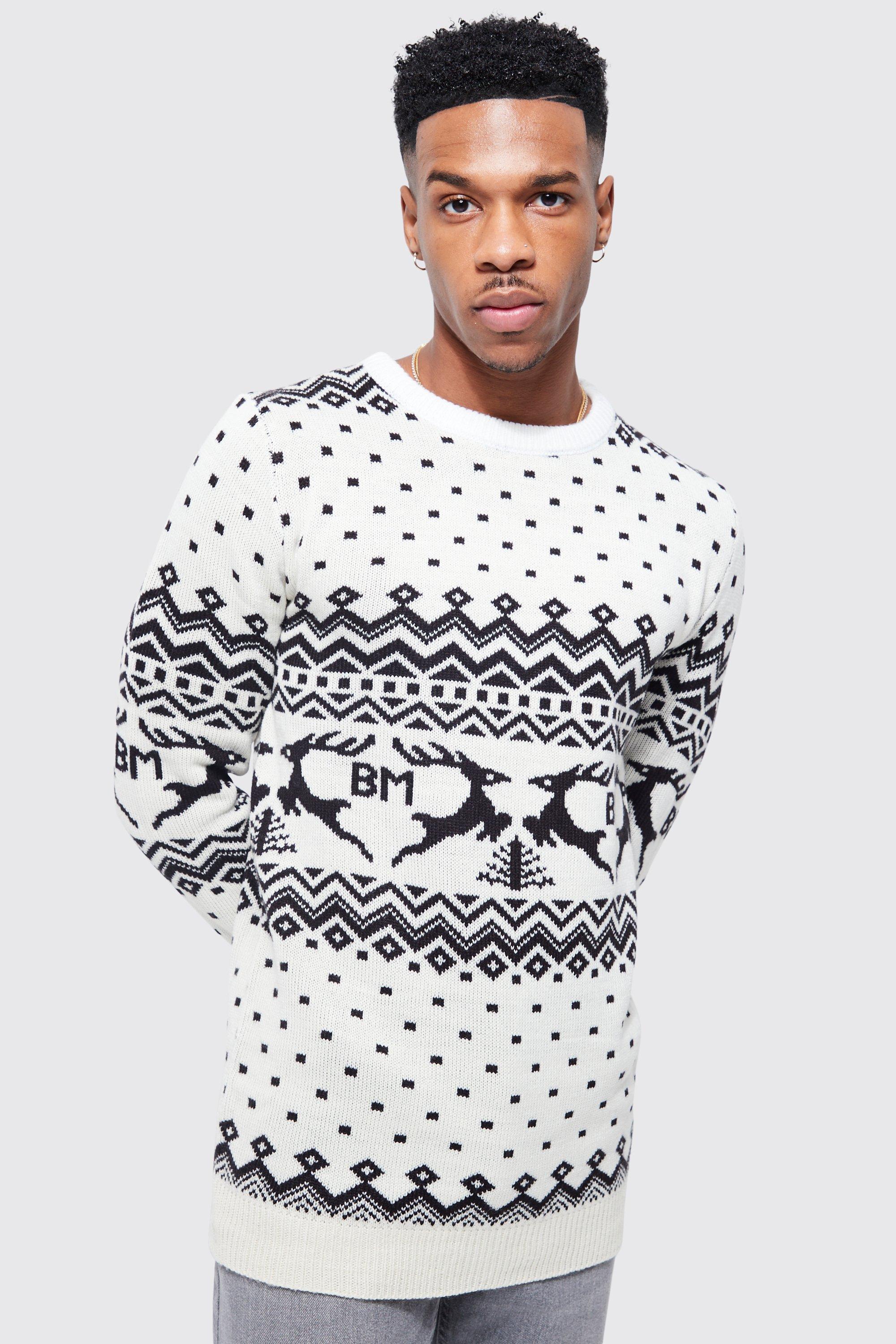 Mens White Reindeer Christmas Jumper, White Product Image