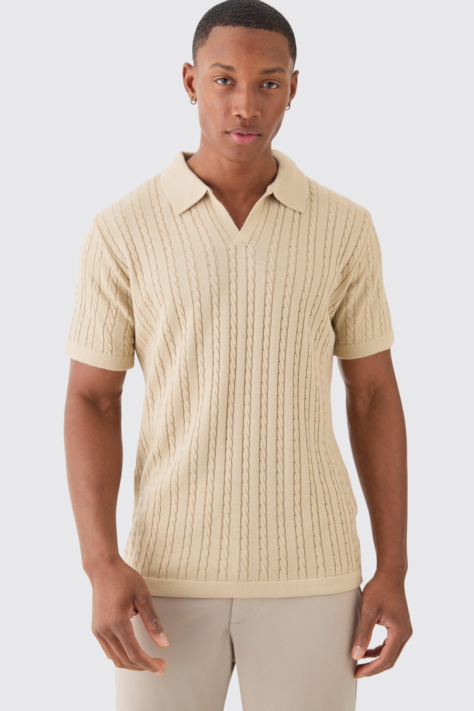 Regular Revere Collar Cable Knit Polo | boohooMAN USA Product Image