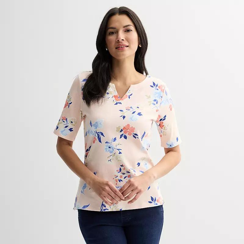Women's Croft & Barrow® Elbow-Sleeve Splitneck Top, Size: XS, Pink Floral Wash Product Image