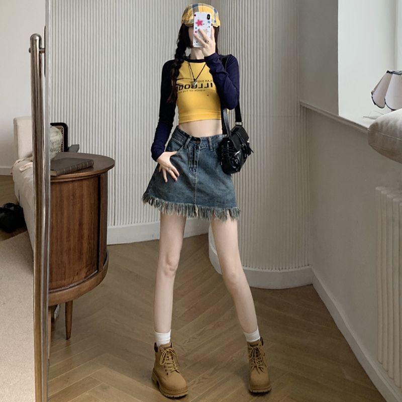 High Rise Washed Fringed Trim Denim Mini A-Line Skirt Product Image