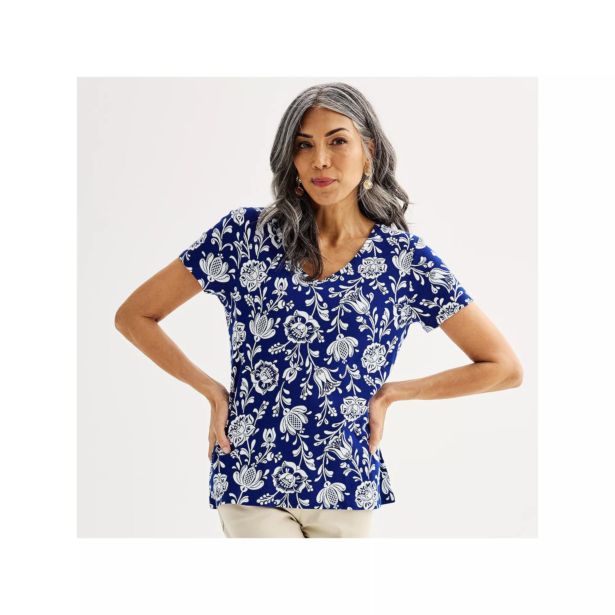 Petite Croft & Barrow® Essential V-Neck Tee, Women's, Size: Medium Petite, Pink Floral Tile Product Image