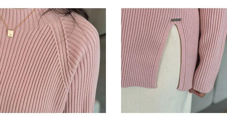 Mock Neck Plain Slit Ribbed Sweater Product Image