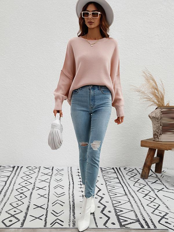 Casual Long Sleeves Loose Split-Side Solid Color Round-Neck Sweater Tops Product Image