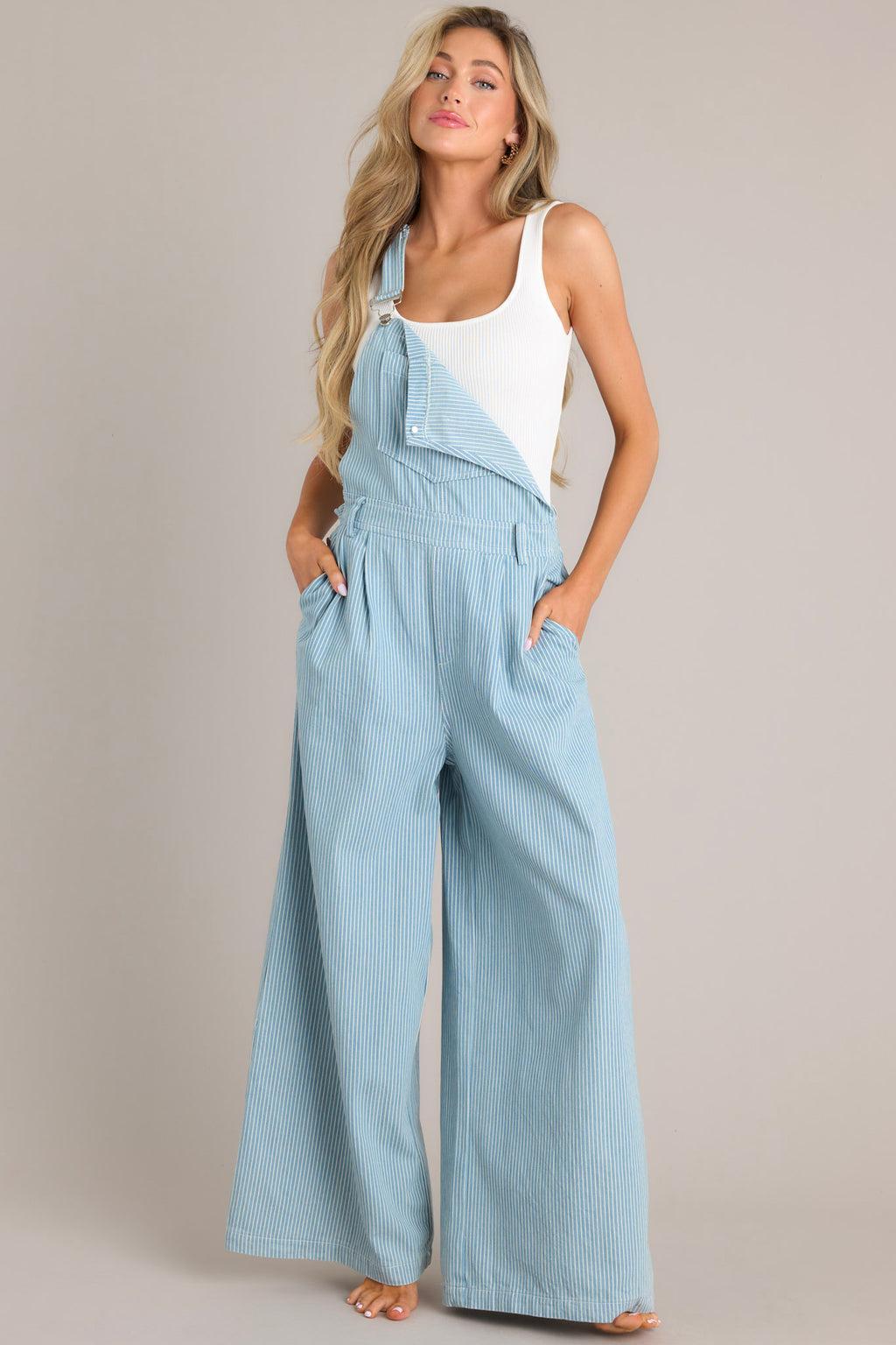 Timid to Tenacious Light Chambray Stripe Overalls Product Image