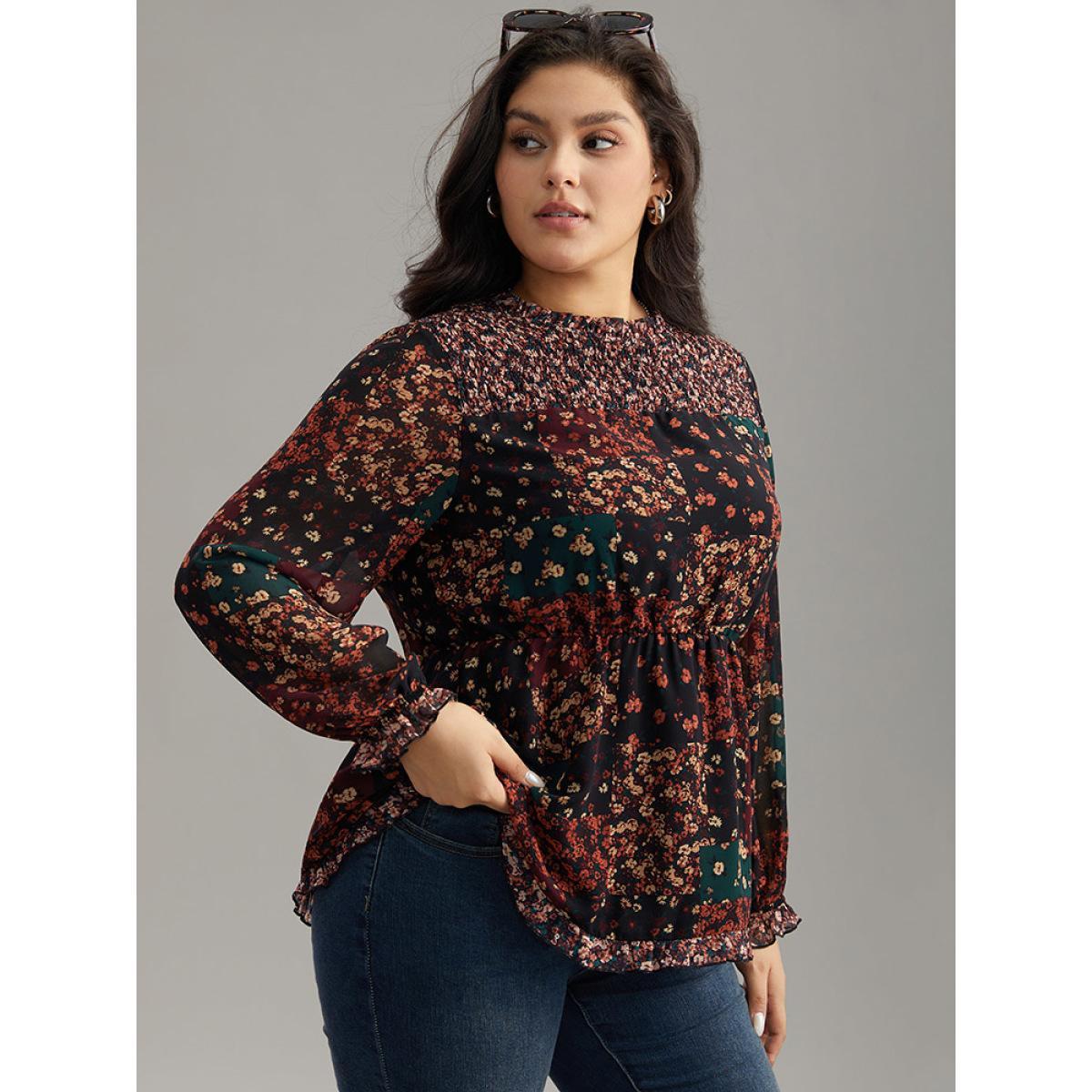 Plus Size BlackFlower Ditsy Floral Shirred Patchwork Frill Trim Gathered Blouse Women Elegant Long Sleeve Stand-up collar Everyday Blouses BloomChic 10/M Product Image