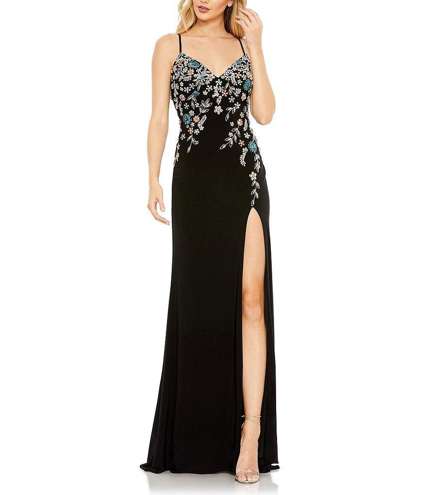 Mac Duggal Multi Color Floral Beaded V-Neck Sleeveless Open Back Detail Thigh High Slit Gown Product Image