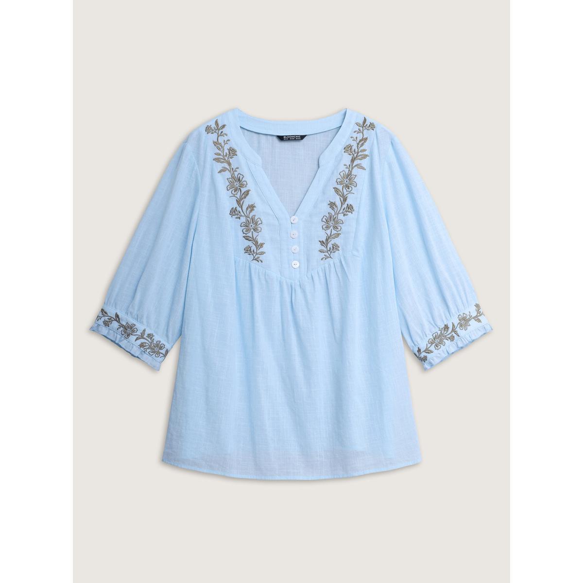 Plus Size LightBlue Cotton Floral Embroidered Notched Collar Frill Trim Blouse Women Leisure Elbow-length sleeve Stand-up collar Casual Blouses BloomChic 22-24/3X Product Image