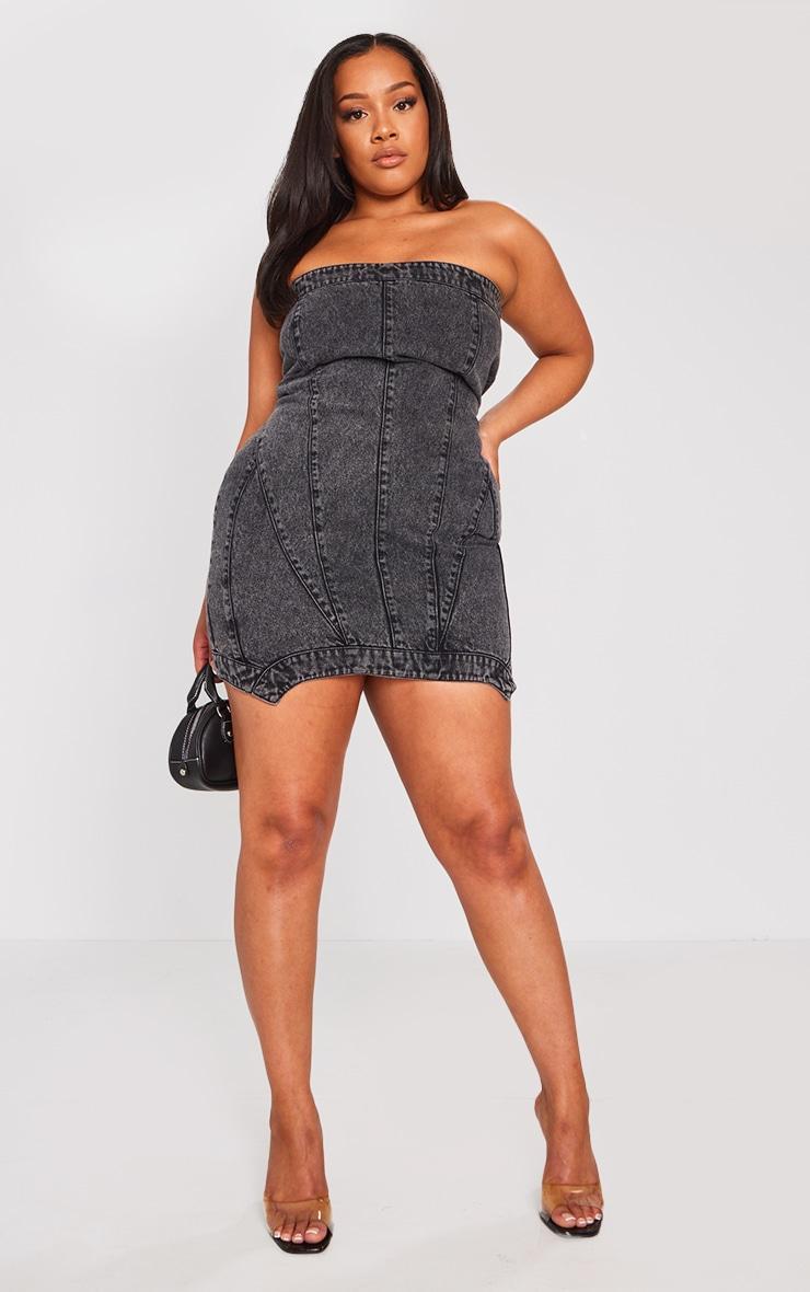 Plus Washed Black Seam Detail Asymmetric Denim Mini Dress Product Image