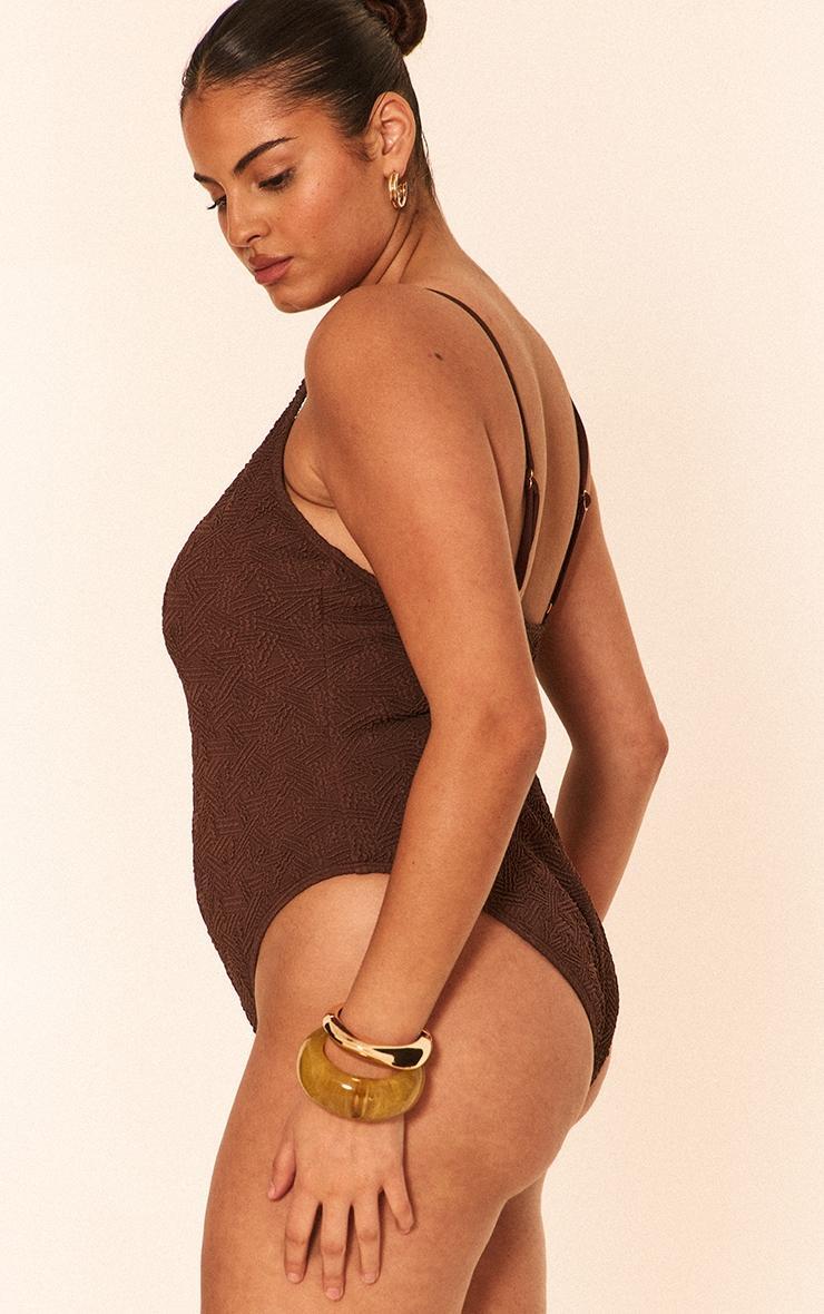 Plus Chocolate Textured Bead Trim Plunge Swimsuit Product Image
