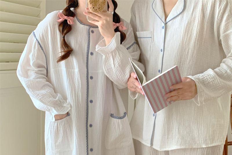 Couple Matching Long Sleeve Contrast Trim Button Pajama Top / Straight Leg Pants / Pajama Dress / Set (Various Designs) Product Image