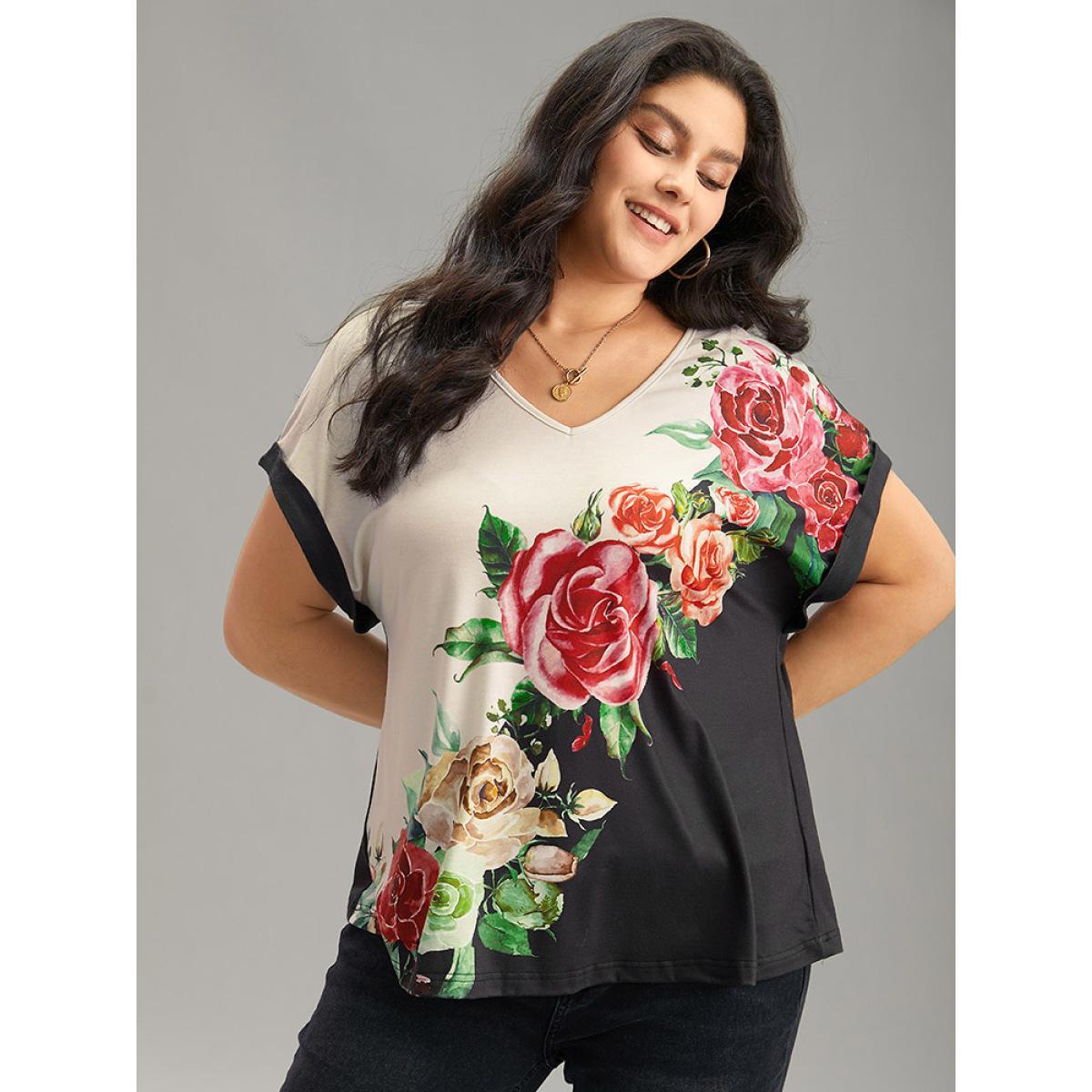 Plus Size Boho Print Roll Batwing Sleeve T-shirt Black Women Casual Contrast Floral V-neck Dailywear T-shirts BloomChic 14-16/1X Product Image