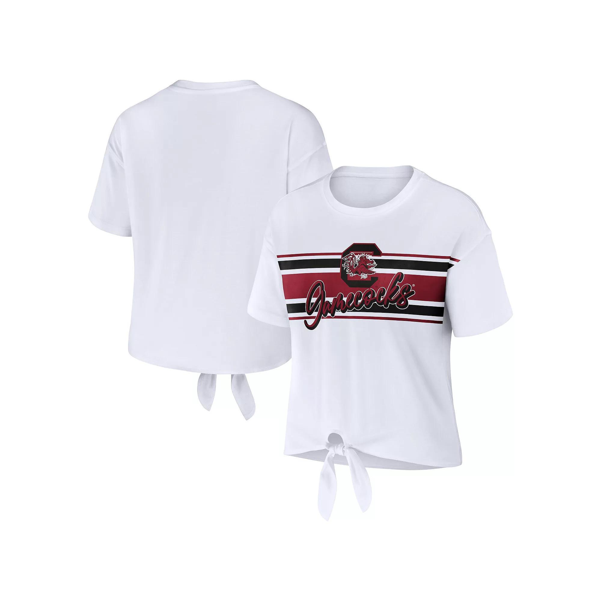 Women's WEAR by Erin Andrews White South Carolina Gamecocks Striped Front Knot Cropped T-Shirt,  Product Image