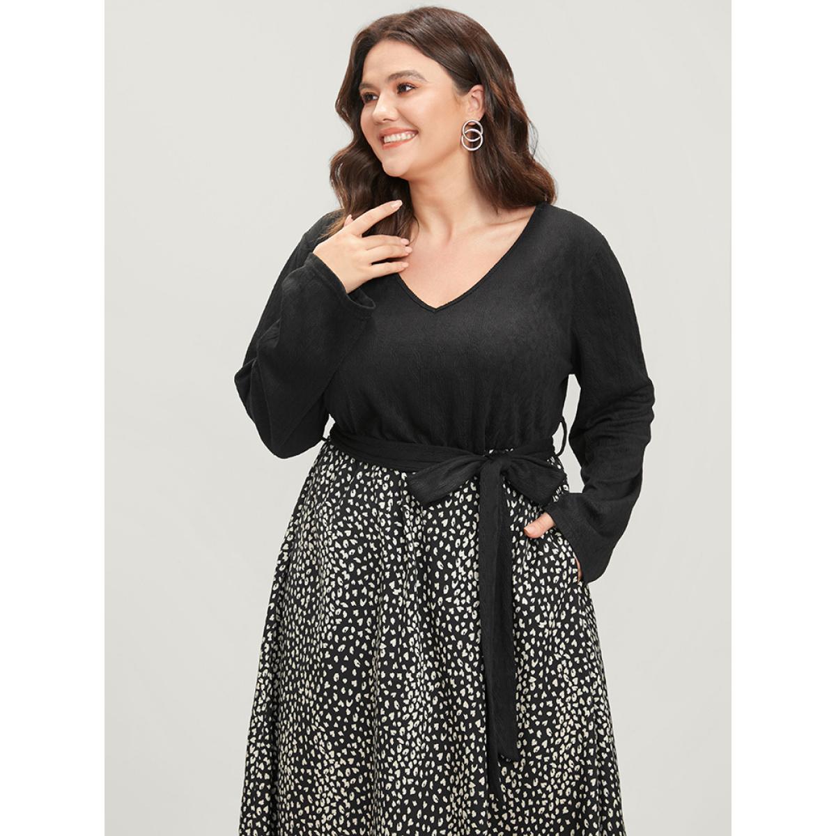 Plus Size Leopard Patchwork V Neck Pocket Belted Textured Dress Black Women Elegant Patchwork V-neck Long Sleeve Curvy Midi Dress BloomChic 14-16/1X Product Image
