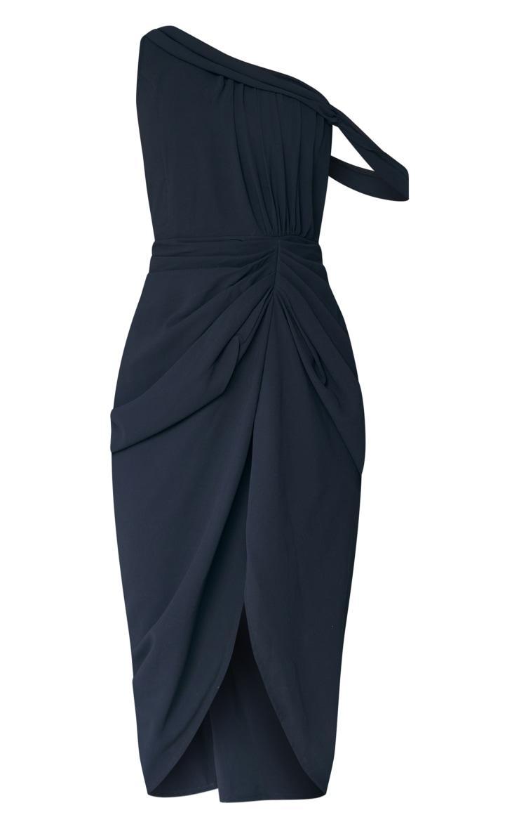 Black Chiffon Asymmetric Strap Draped Midi Dress Product Image