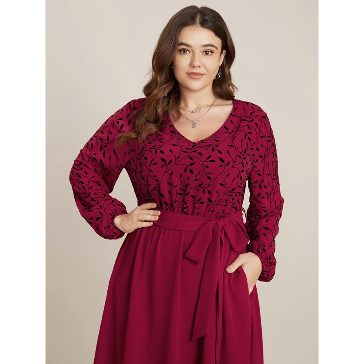 Plus Size Plant Print Lantern Sleeve Pocket Belted Ruffles Hem Dress Burgundy Women Elegant Patchwork V-neck Long Sleeve Curvy Midi Dress BloomChic 28/5X Product Image