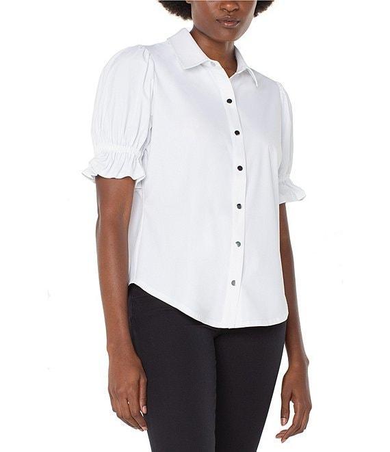 Liverpool Los Angeles Tech Knit Spread Collar Elbow-Length Puff Sleeve Button-Front Shirt Product Image