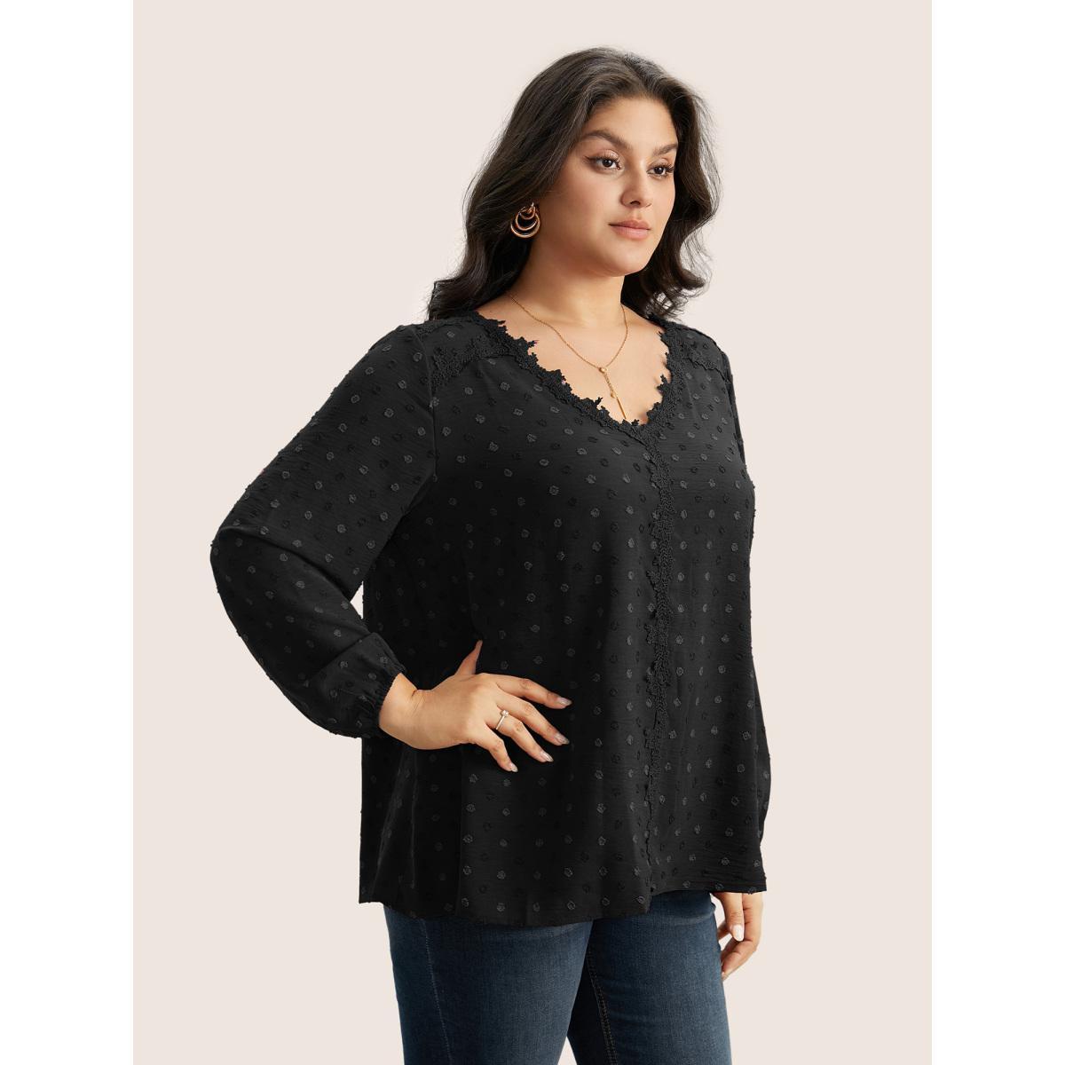Plus Size Black Plisse Eyelet Lace Elastic Cuffs Blouse Women Elegant Long Sleeve V-neck Everyday Blouses BloomChic 14-16/1X Product Image