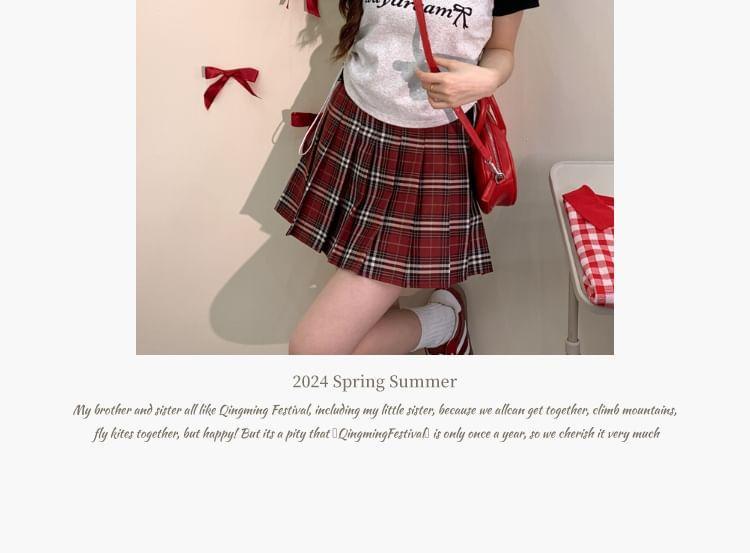 High Waist Plaid Mini Pleated Skirt with Belt Product Image