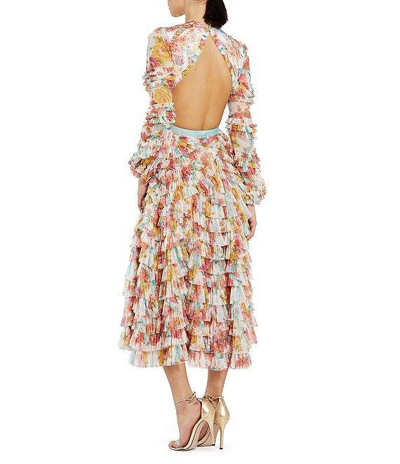Mac Duggal Round Neck Cut Out Long Sleeve Tiered Ruffle Printed Chiffon Aline Midi Dress Product Image