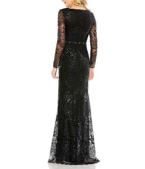 Mac Duggal Sequin Long Sleeve Surplice V-Neck Beaded Sheath Gown Product Image