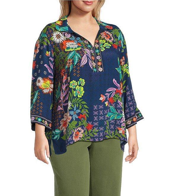 John Mark Plus Size Floral Embroidered Woven Point Collar 3/4 Cuff Sleeve Popover Top Product Image