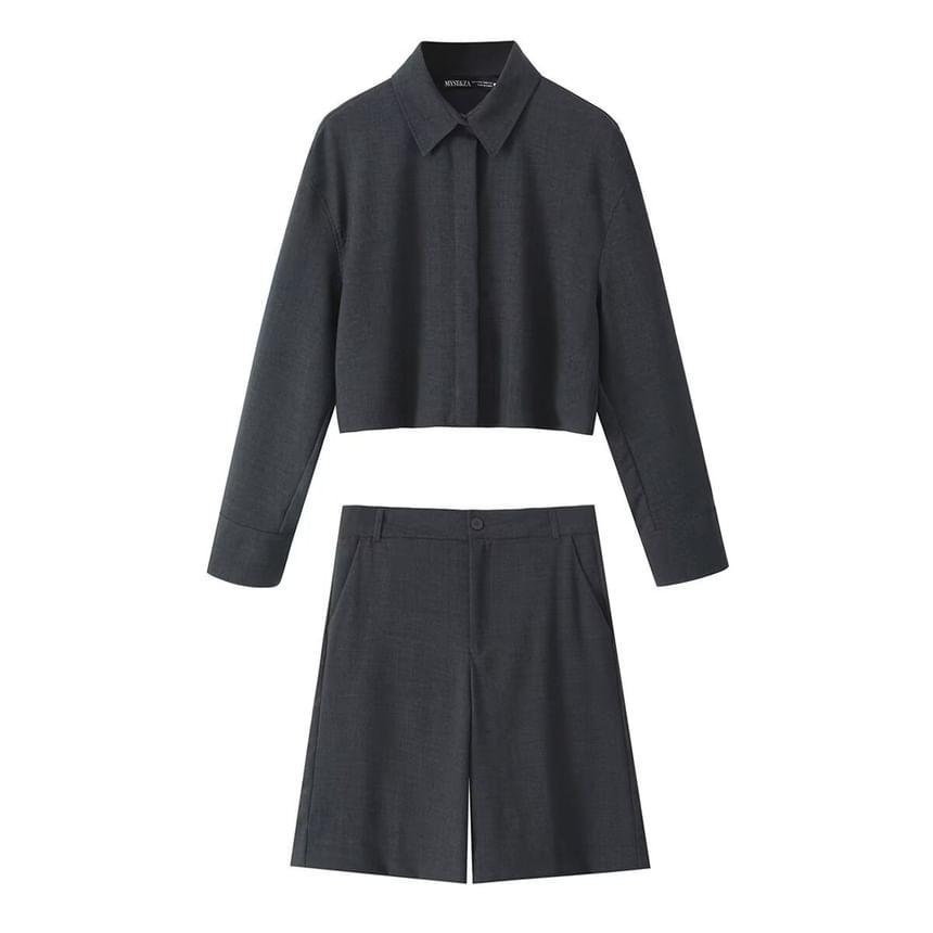 Lapel Collar Plain Button Up Cropped Shirt / High Waist Plain Shorts Product Image