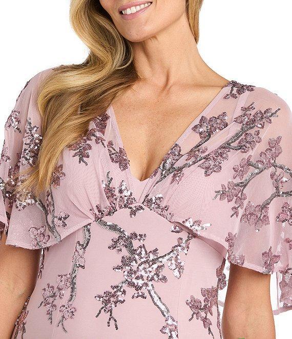 R & M Richards V Neck Flutter Sleeve Floral Embroidered Sequin Power Mesh A Line Gown Product Image