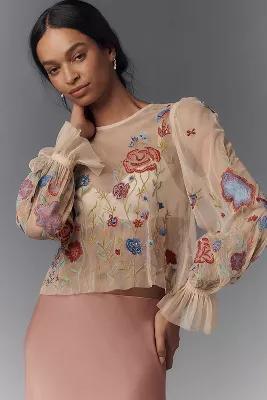 The Layla Long-Sleeve Appliqué Mesh Blouse Product Image