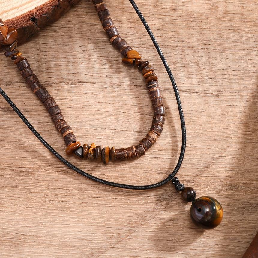 Set:  Faux Turquoise Pendant Cord Necklace + Wooden Bead Choker Product Image