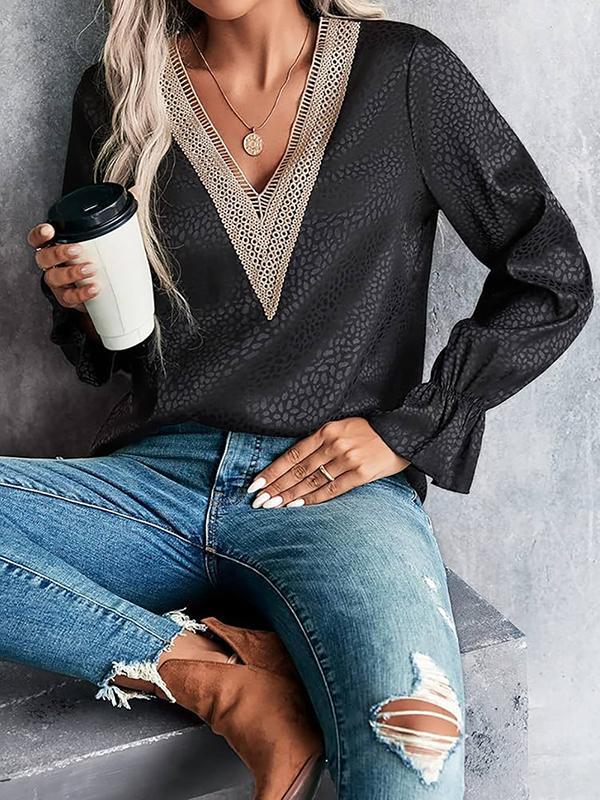 Long Sleeves Loose Elasticity Hollow Jacquard Leopard Split-Joint V-Neck Blouses&Shirts Tops Product Image
