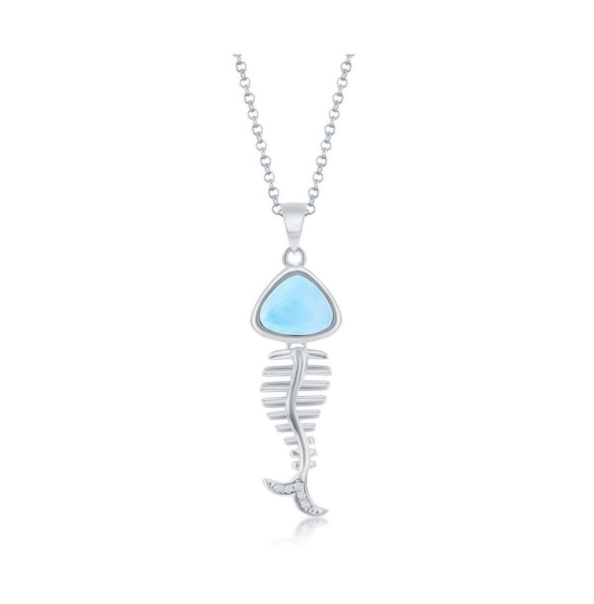 Sterling Silver Larimar & Cubic Zirconia Fish Skeleton Necklace, Womens Product Image