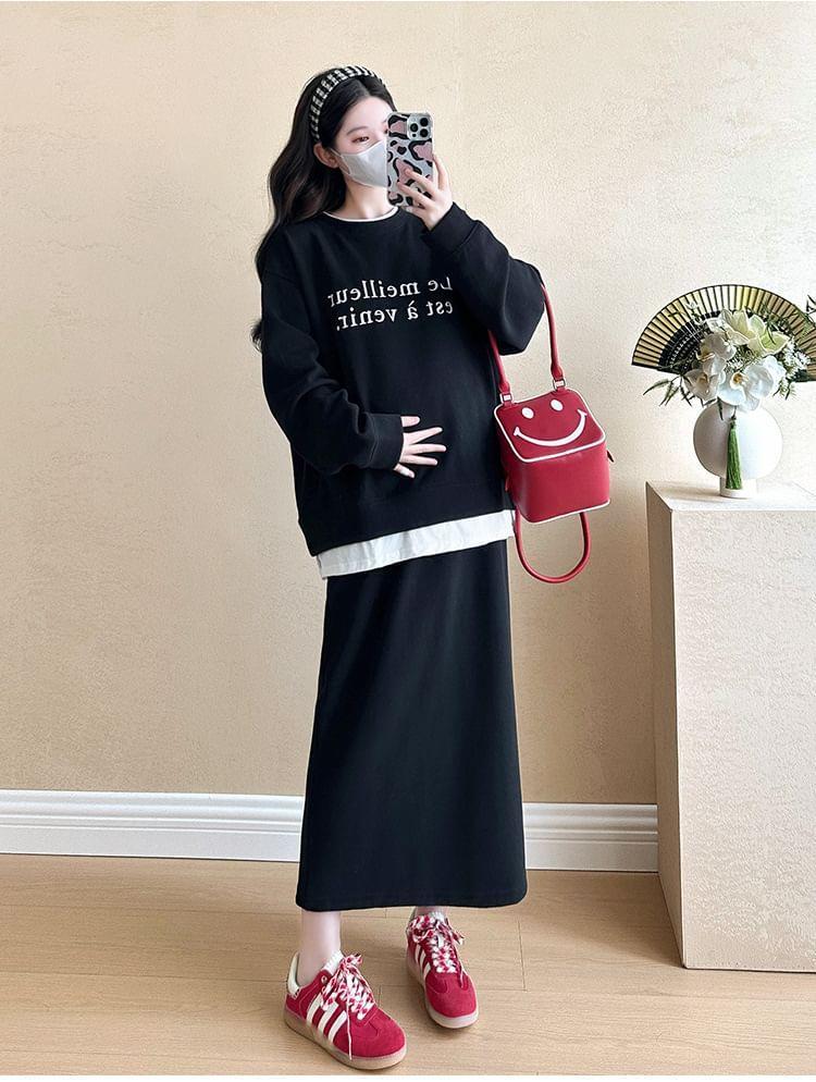 Maternity Set: Crew Neck Lettering Print Pullover + High Rise Plain Midi Straight Skirt Product Image