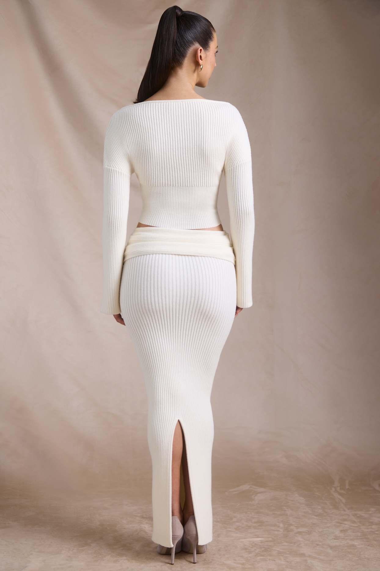 Ribbed-Knit Foldover Maxi Skirt in Ivory Product Image