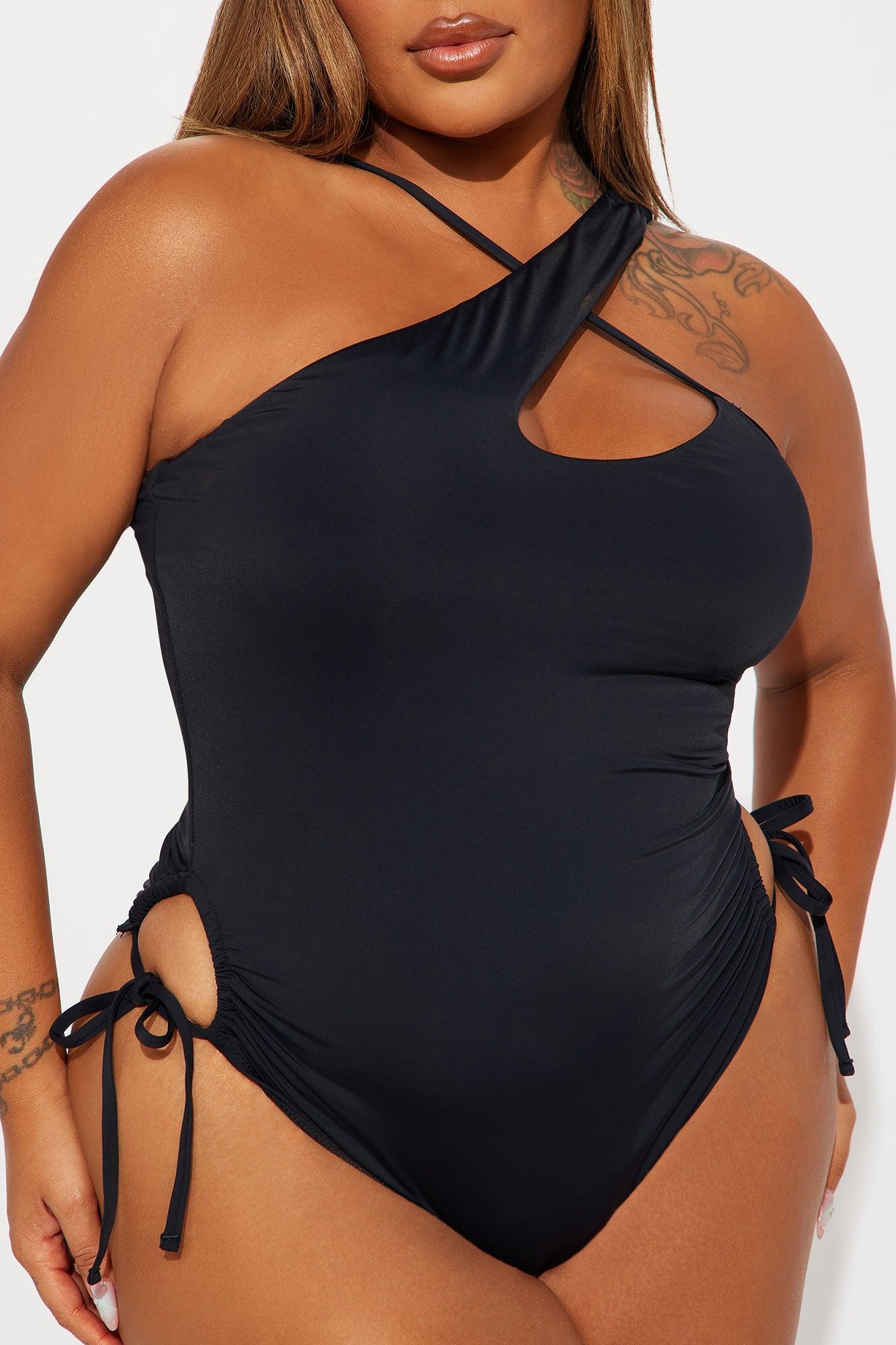 Beachside Coconuts Ruched Asymmetrical 1 Piece Swimsuit - Black Product Image