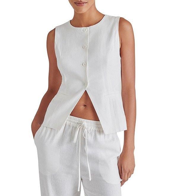 Steve Madden Wesley Round Neckline Sleeveless Button Front Linen Vest Top Product Image