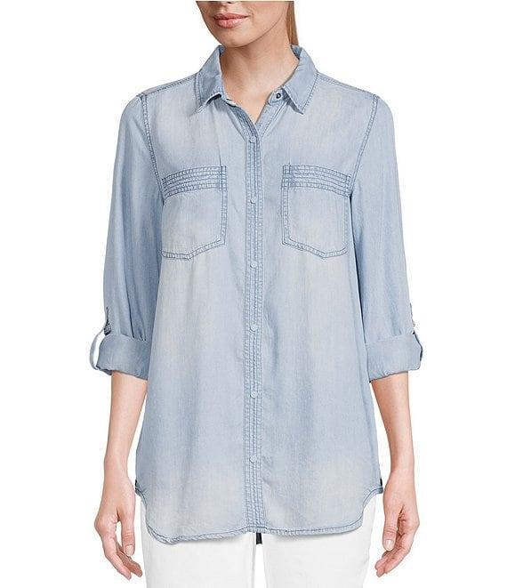Intro Petite Size Roll-Tab Sleeve Button Front Slub Lyocell Shirt Product Image