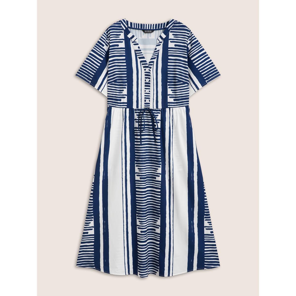 Plus Size Notched Collar Striped Patchwork Drawstring Dress DarkBlue Women At the Office Tie knot Notched collar Short sleeve Curvy BloomChic 14-16/1X Product Image