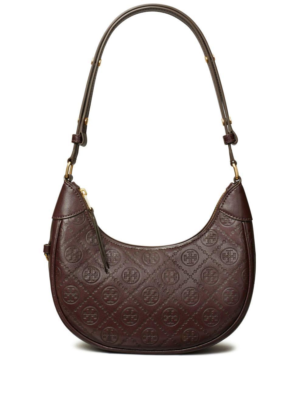 TORY BURCH T-monogram Embossed Crescent Shoulder Bag In Brown Product Image