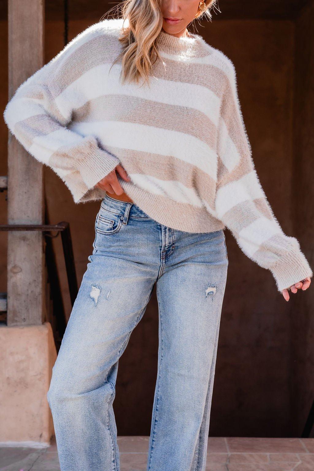 Fuzzy Beige Striped Sweater - FINAL SALE Product Image