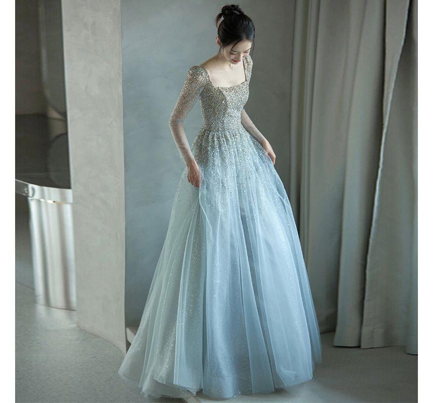 Long-Sleeve Square Neck Mesh A-Line Evening Gown Product Image