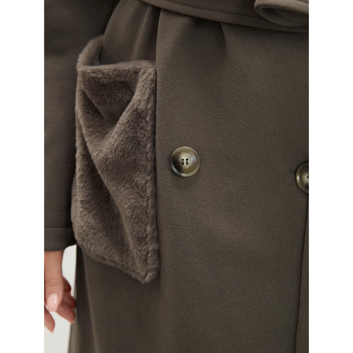 Plus Size Solid Double Breasted Pocket Lapel Collar Fuzzy Trim Belted Coat Women ArmyGreen Elegant Patchwork Ladies Dailywear Winter Coats BloomChic 18-20/2X Product Image