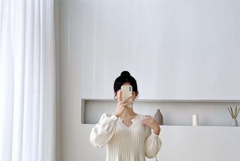 Maternity Long-Sleeve Notch Neck Plain Midi A-Line Knit Dress Product Image