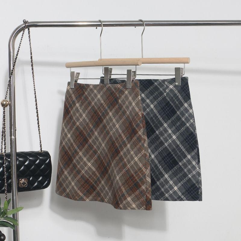 High Rise Plaid A-Line Mini Skirt Product Image