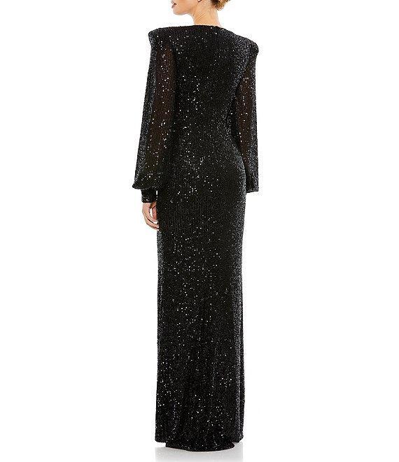 Mac Duggal Deep V-Neck Bishop Sleeve Sequined Gown Product Image