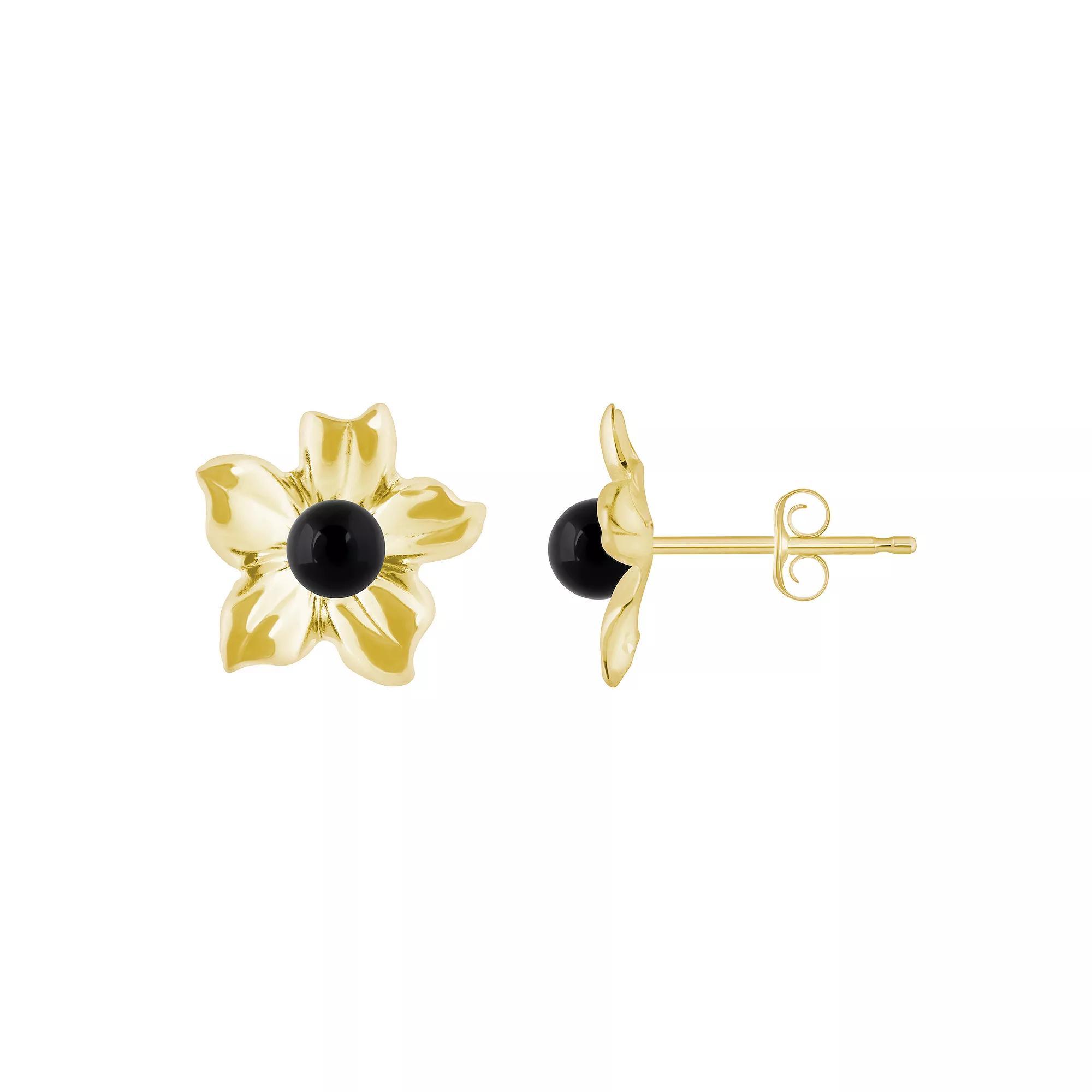 Celebration Gems 10k Gold Sphere Gemstone Hibiscus Flower Stud Earrings, Women's, Black Product Image