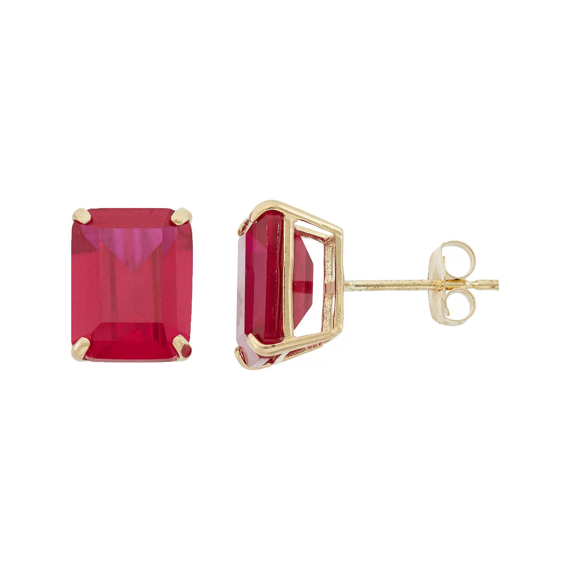 Designs by Gioelli 10k Gold Lab-Created Ruby Emerald Cut Solitaire Stud Earrings, Women's, 10k Goold Product Image