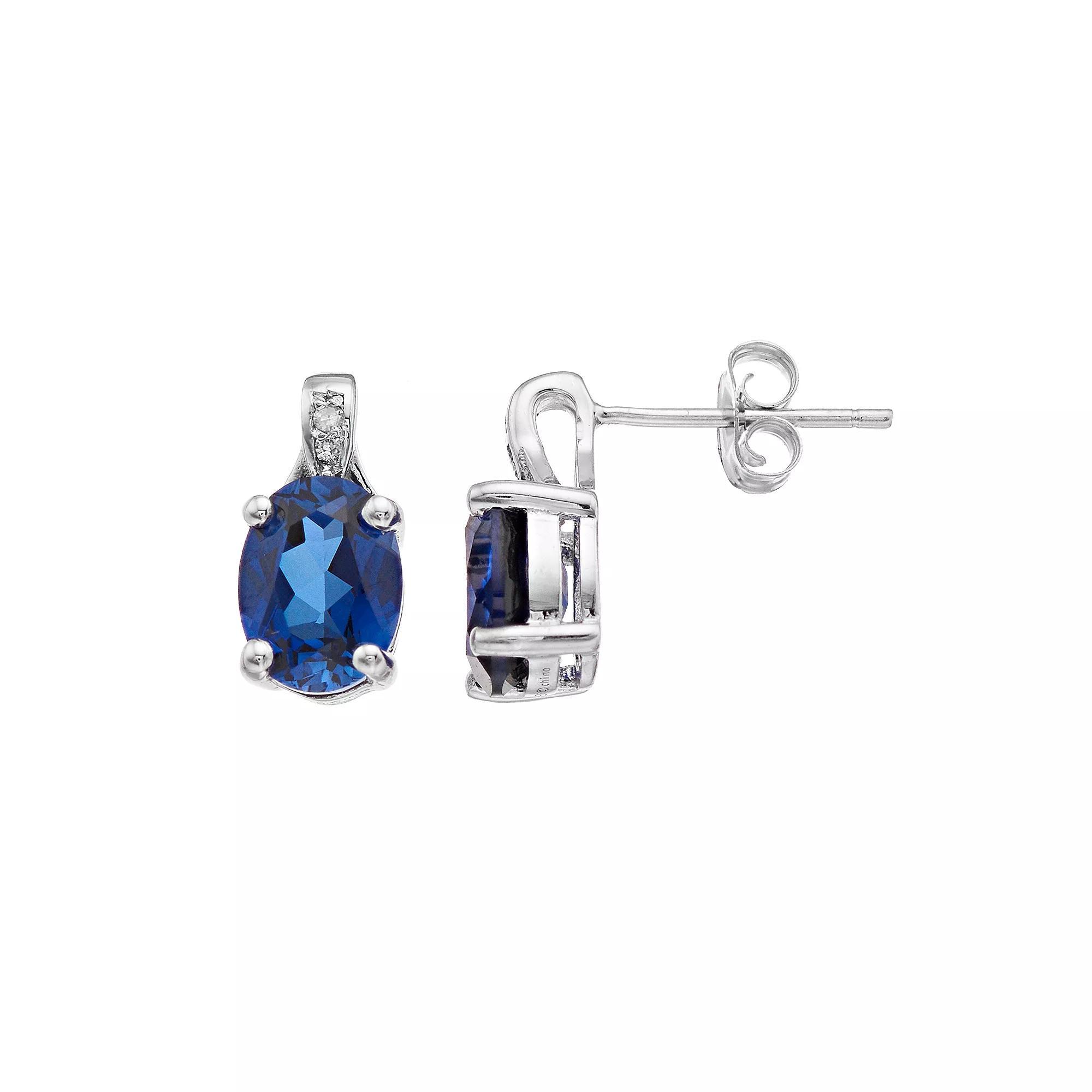 Gemminded Sterling Silver Lab-Created Sapphire & Diamond Accent Oval Stud Earrings, Womens Product Image