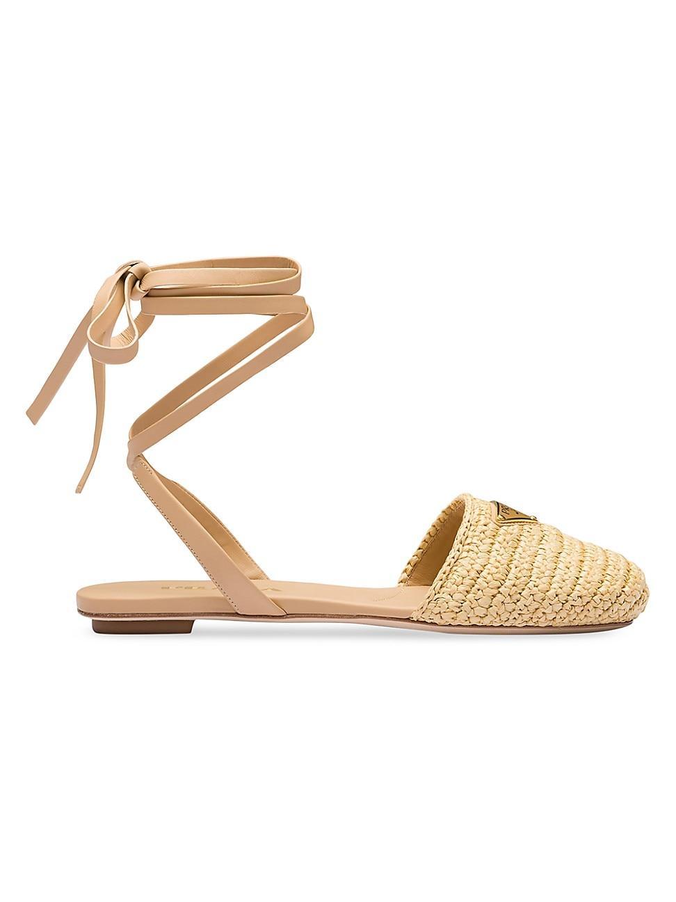 Triangle Logo Raffia Ankle-Wrap Flats Product Image