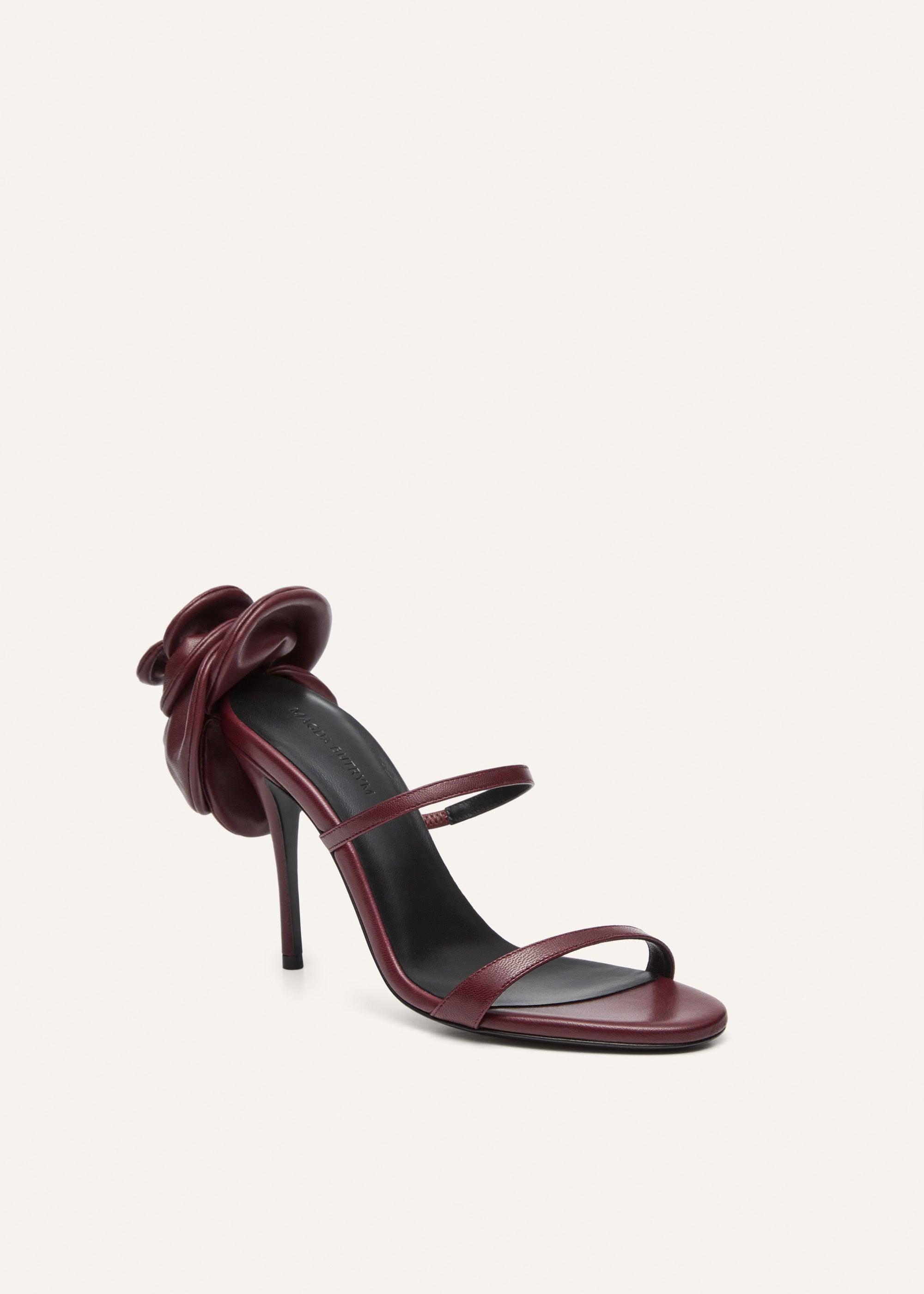 Flower heel leather sandals in burgundy Product Image