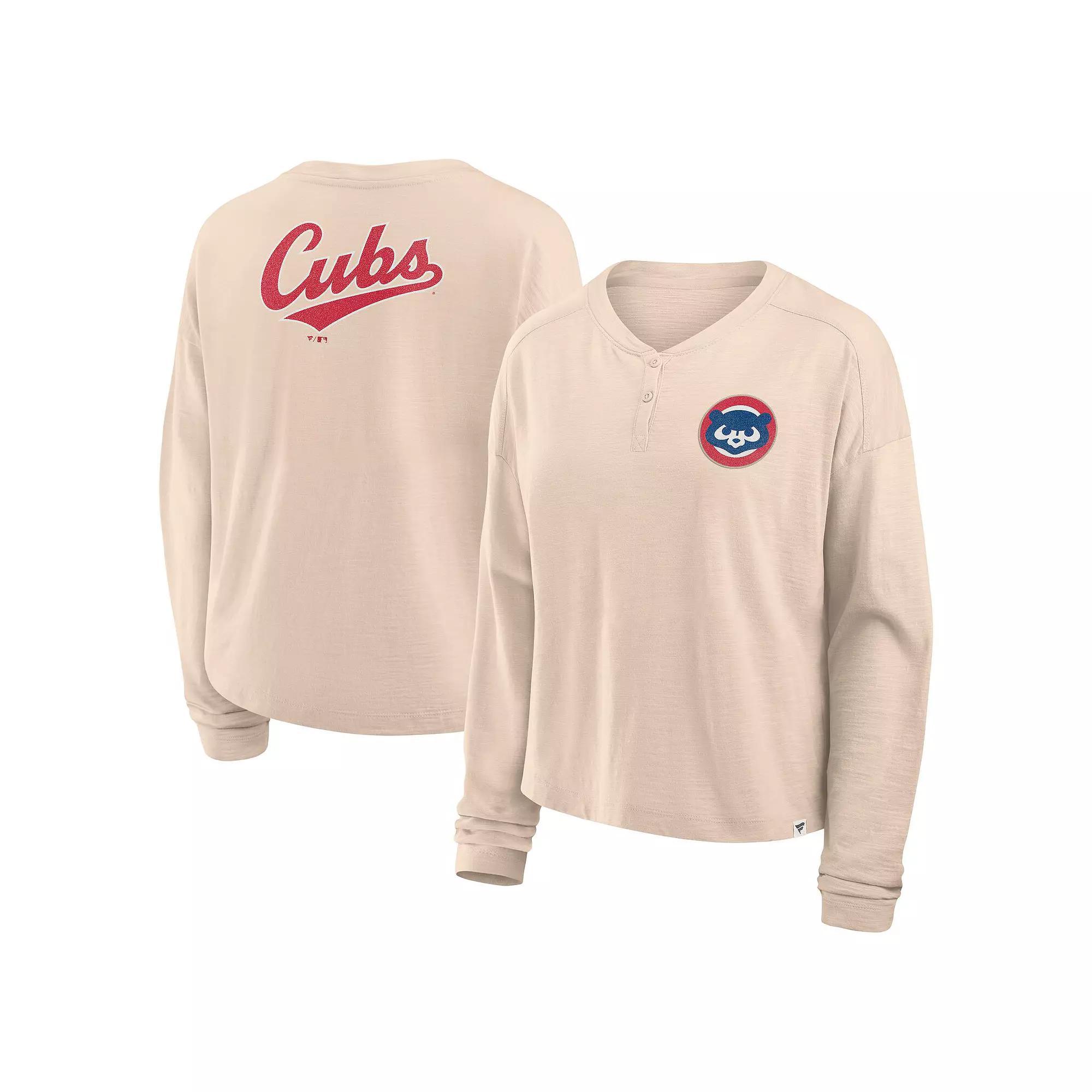 Women's Fanatics Tan Chicago Cubs Oversized Stadium Slub Long Sleeve Henley T-Shirt, Size: Small, Team Product Image